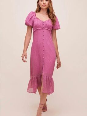Astr Pink Puff-Sleeve Midi Dress with Button-Front & Ruffle Hem